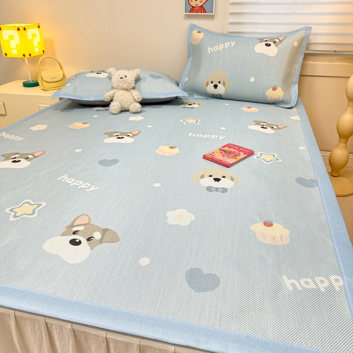 91家纺网 家纺一手货源 找家纺 慕尚家纺 2025新款600D小清新凉感冰丝凉席三件套 旺财