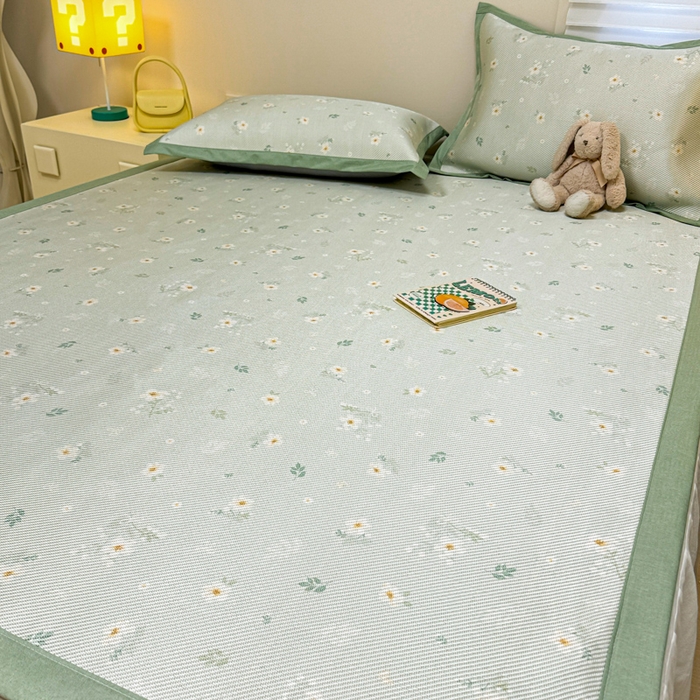 91家纺网 家纺一手货源 找家纺 慕尚家纺 2025新款600D小清新凉感冰丝凉席三件套 橘夏