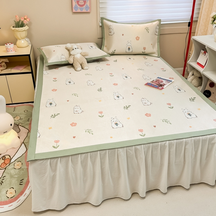 91家纺网 家纺一手货源 找家纺 慕尚家纺 2025新款600D小清新凉感冰丝凉席三件套 可爱小兔