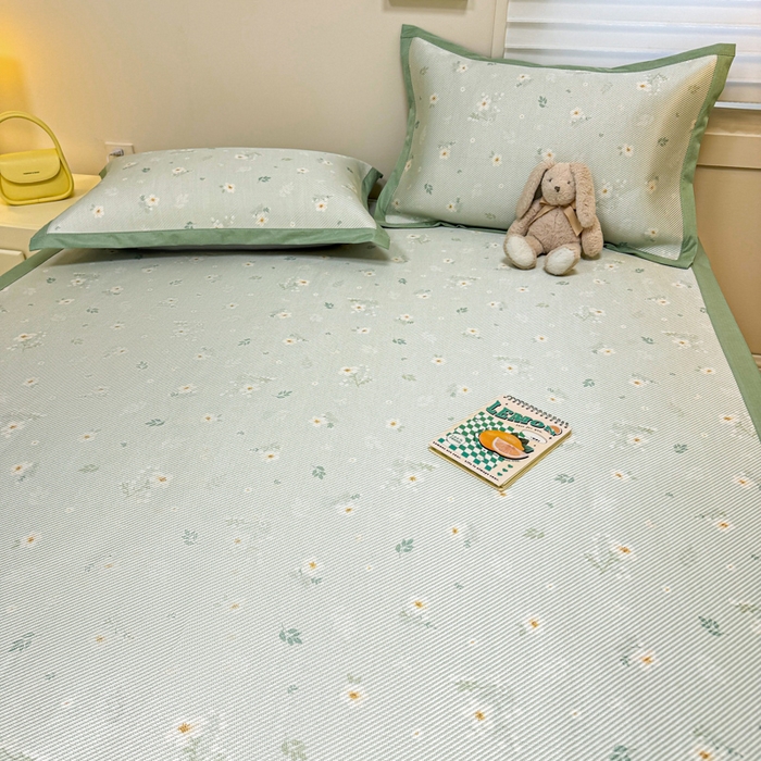 91家纺网 家纺一手货源 找家纺 慕尚家纺 2025新款600D小清新凉感冰丝凉席三件套 橘夏