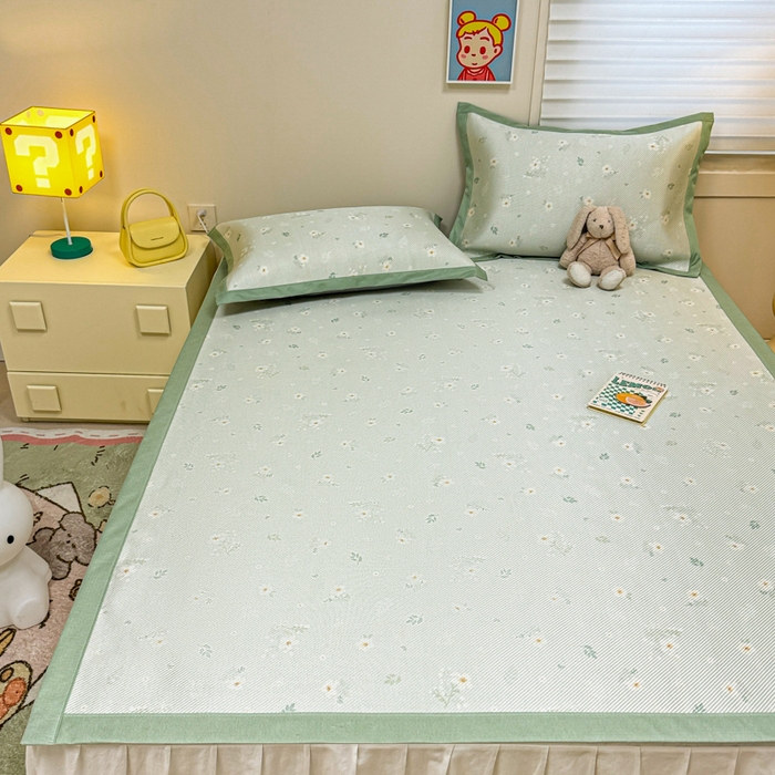 91家纺网 家纺一手货源 找家纺 慕尚家纺 2025新款600D小清新凉感冰丝凉席三件套 橘夏