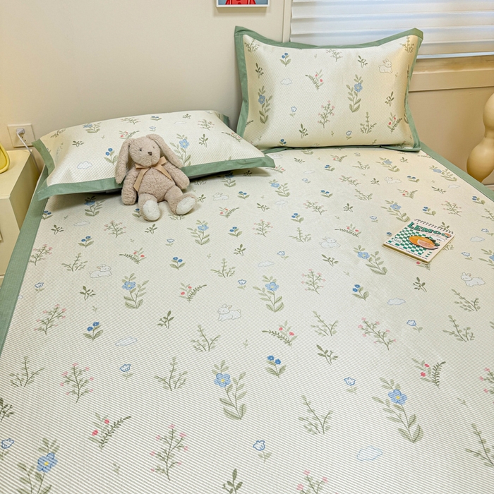 91家纺网 家纺一手货源 找家纺 慕尚家纺 2025新款600D小清新凉感冰丝凉席三件套 小兔叽