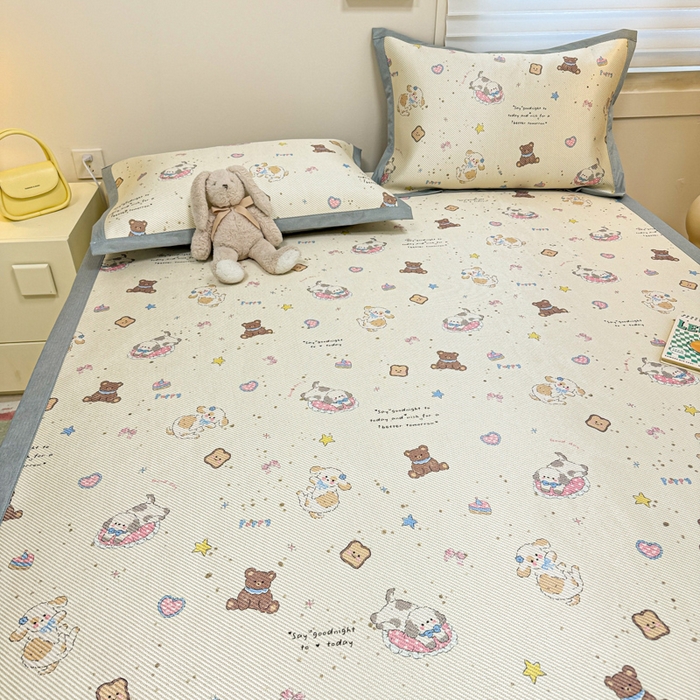 91家纺网 家纺一手货源 找家纺 慕尚家纺 2025新款600D小清新凉感冰丝凉席三件套 奶缇熊