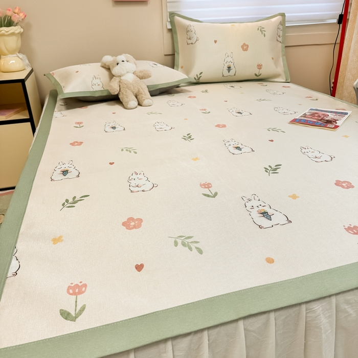 91家纺网 家纺一手货源 找家纺 慕尚家纺 2025新款600D小清新凉感冰丝凉席三件套 可爱小兔