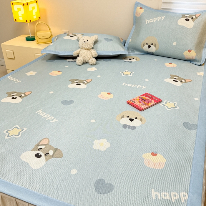 91家纺网 家纺一手货源 找家纺 慕尚家纺 2025新款600D小清新凉感冰丝凉席三件套 旺财