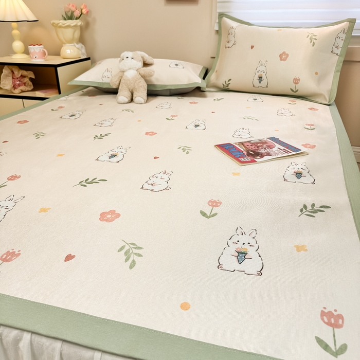 91家纺网 家纺一手货源 找家纺 慕尚家纺 2025新款600D小清新凉感冰丝凉席三件套 可爱小兔