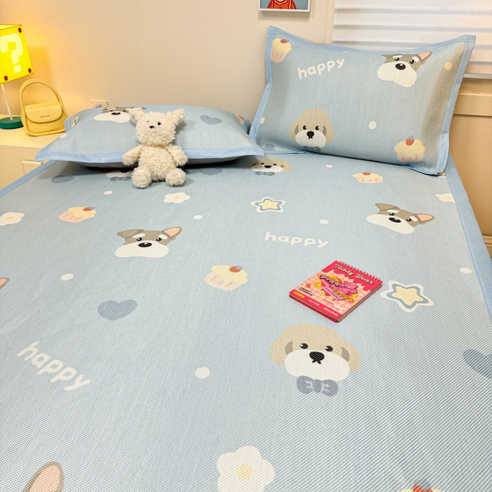 91家纺网 家纺一手货源 找家纺 慕尚家纺 2025新款600D小清新凉感冰丝凉席三件套 旺财