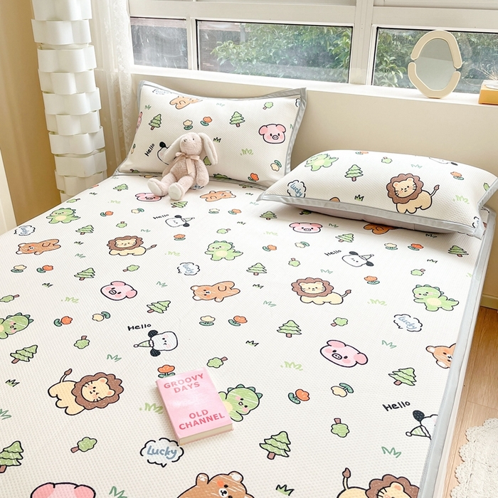 91家纺网 家纺一手货源 找家纺 慕尚家纺 2025新款600D小清新凉感冰丝凉席三件套 动物城