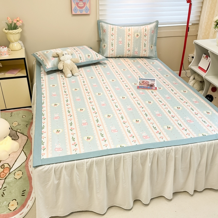 91家纺网 家纺一手货源 找家纺 慕尚家纺 2025新款600D小清新凉感冰丝凉席三件套 花园兔