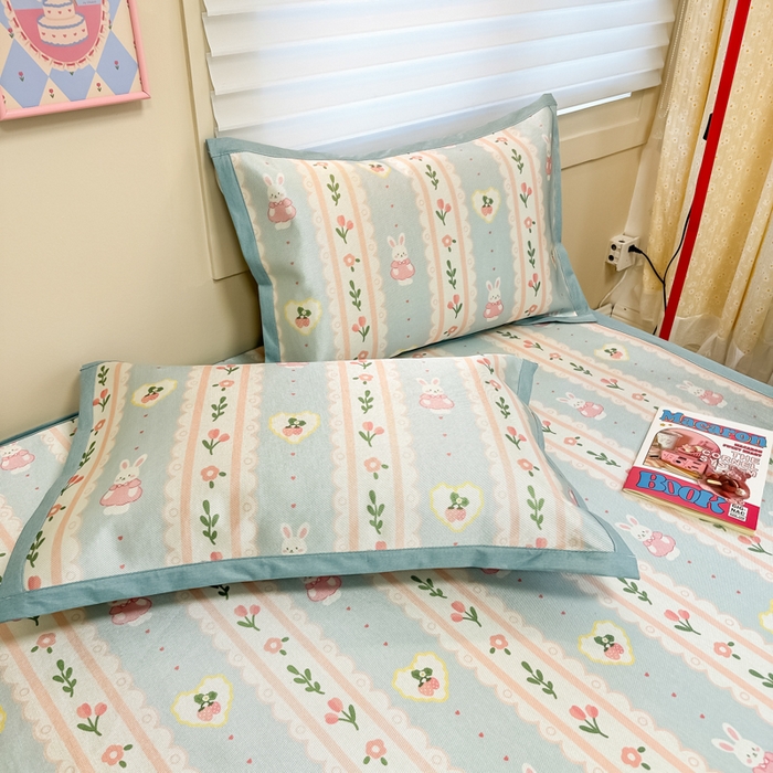 91家纺网 家纺一手货源 找家纺 慕尚家纺 2025新款600D小清新凉感冰丝凉席三件套 花园兔