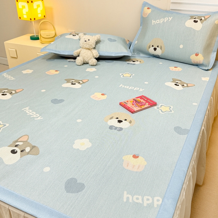 91家纺网 家纺一手货源 找家纺 慕尚家纺 2025新款600D小清新凉感冰丝凉席三件套 旺财