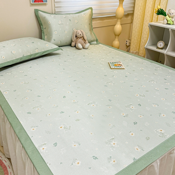 91家纺网 家纺一手货源 找家纺 慕尚家纺 2025新款600D小清新凉感冰丝凉席三件套 橘夏