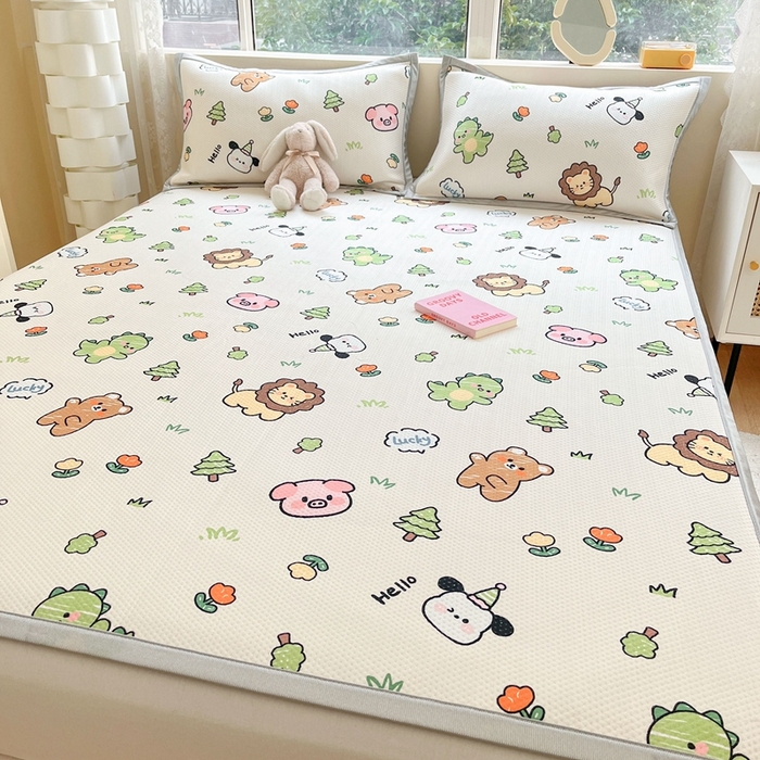 91家纺网 家纺一手货源 找家纺 慕尚家纺 2025新款600D小清新凉感冰丝凉席三件套 动物城