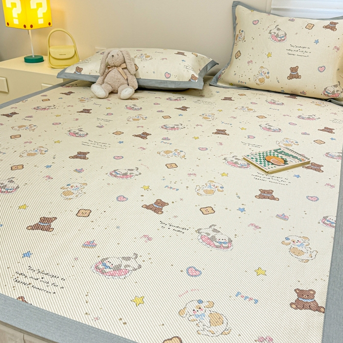 91家纺网 家纺一手货源 找家纺 慕尚家纺 2025新款600D小清新凉感冰丝凉席三件套 奶缇熊