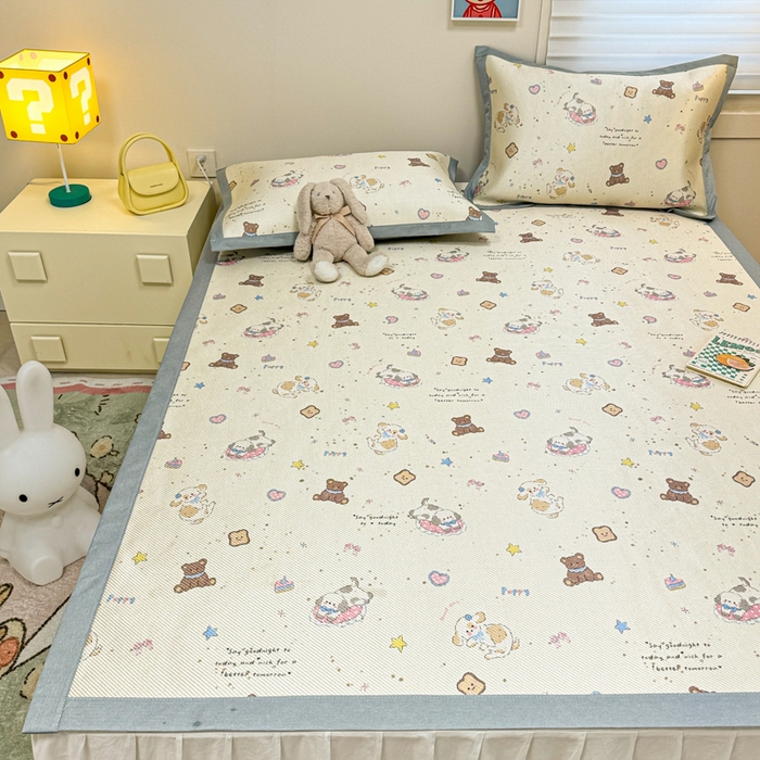 91家纺网 家纺一手货源 找家纺 慕尚家纺 2025新款600D小清新凉感冰丝凉席三件套 奶缇熊