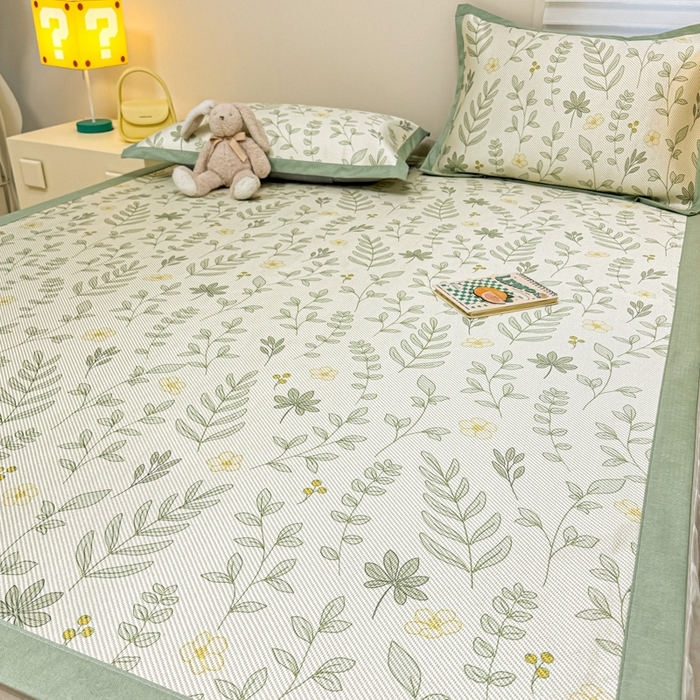 91家纺网 家纺一手货源 找家纺 慕尚家纺 2025新款600D小清新凉感冰丝凉席三件套 薄荷叶