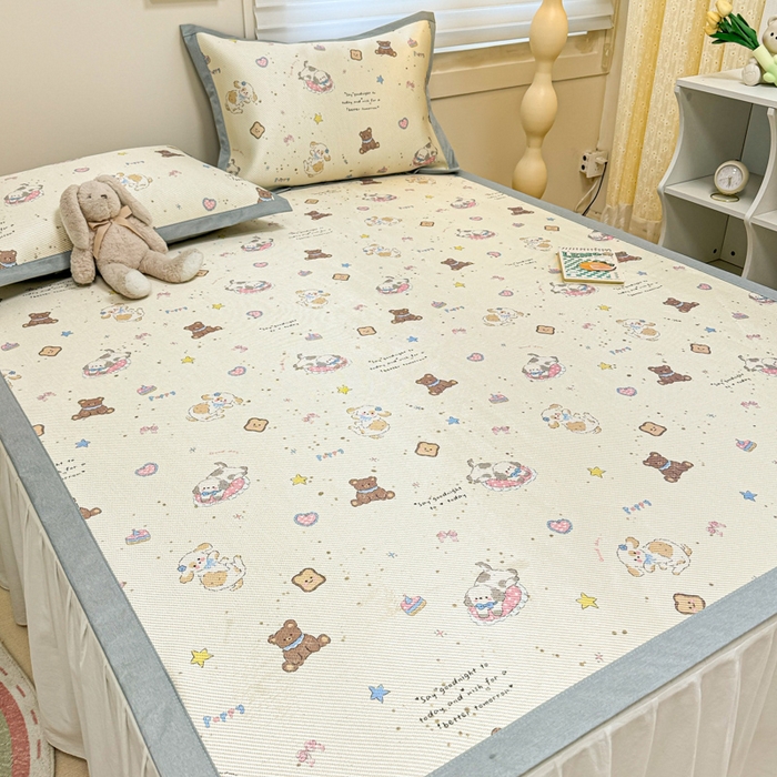 91家纺网 家纺一手货源 找家纺 慕尚家纺 2025新款600D小清新凉感冰丝凉席三件套 奶缇熊