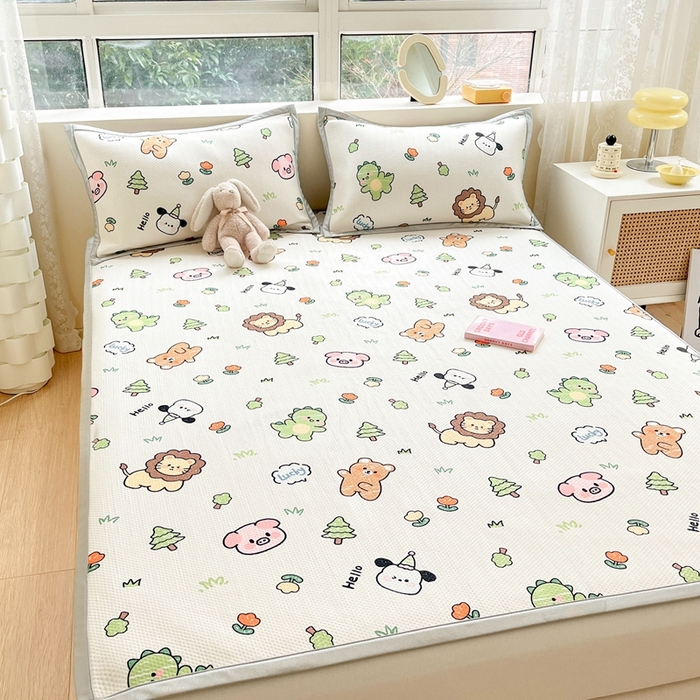 91家纺网 家纺一手货源 找家纺 慕尚家纺 2025新款600D小清新凉感冰丝凉席三件套 动物城