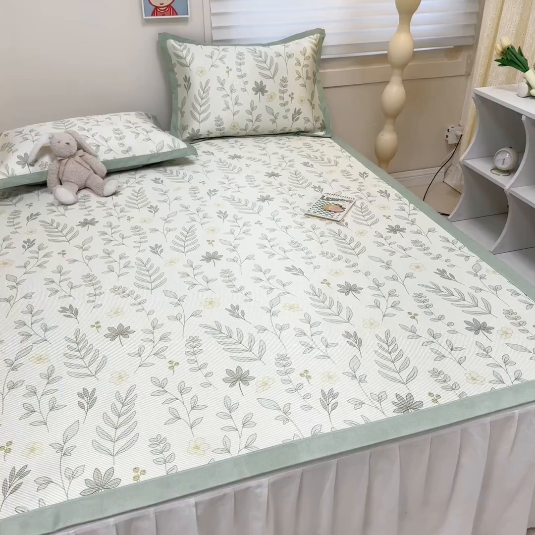 91家纺网 家纺一手货源 找家纺 慕尚家纺 2025新款600D小清新凉感冰丝凉席三件套 薄荷叶