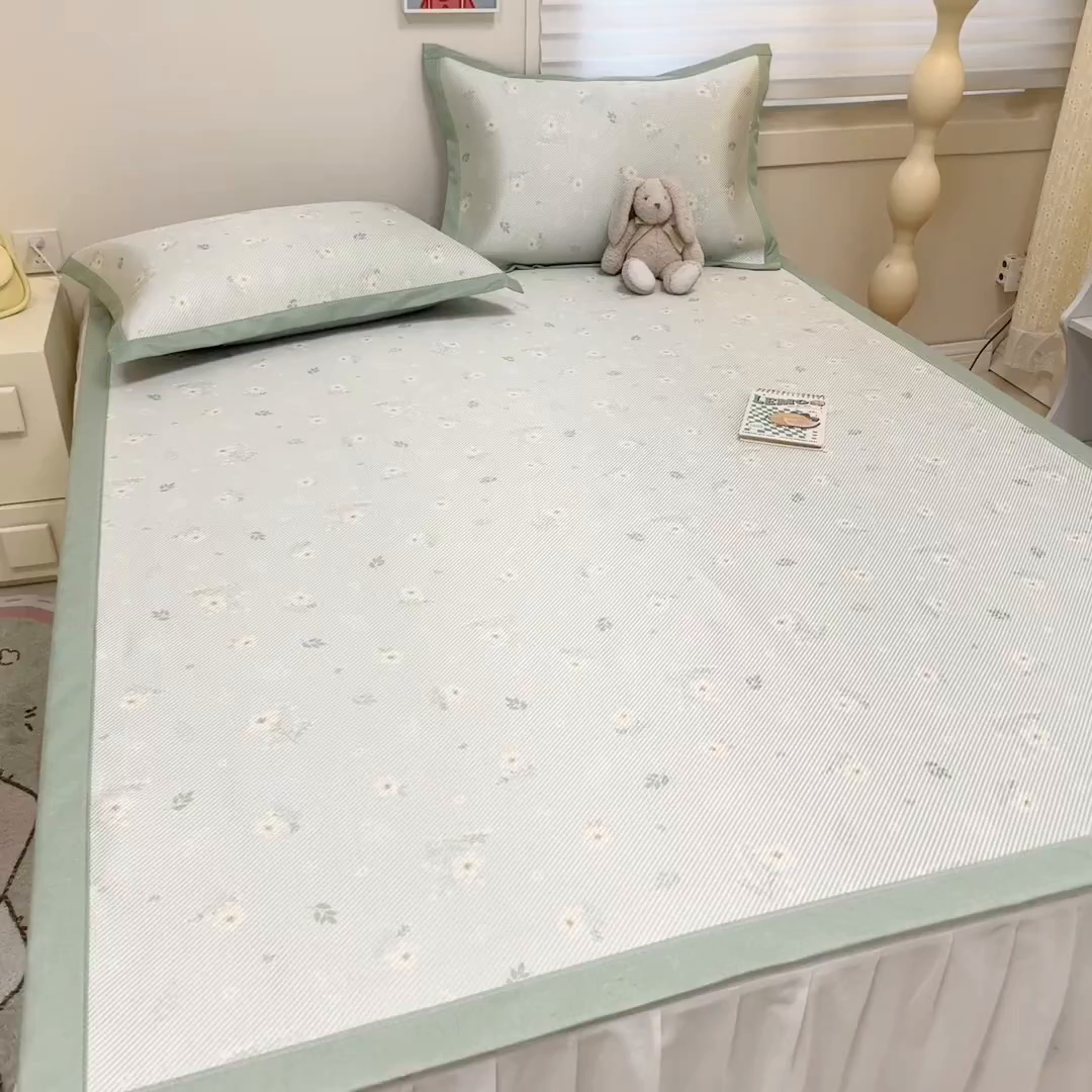 91家纺网 家纺一手货源 找家纺 慕尚家纺 2025新款600D小清新凉感冰丝凉席三件套 橘夏