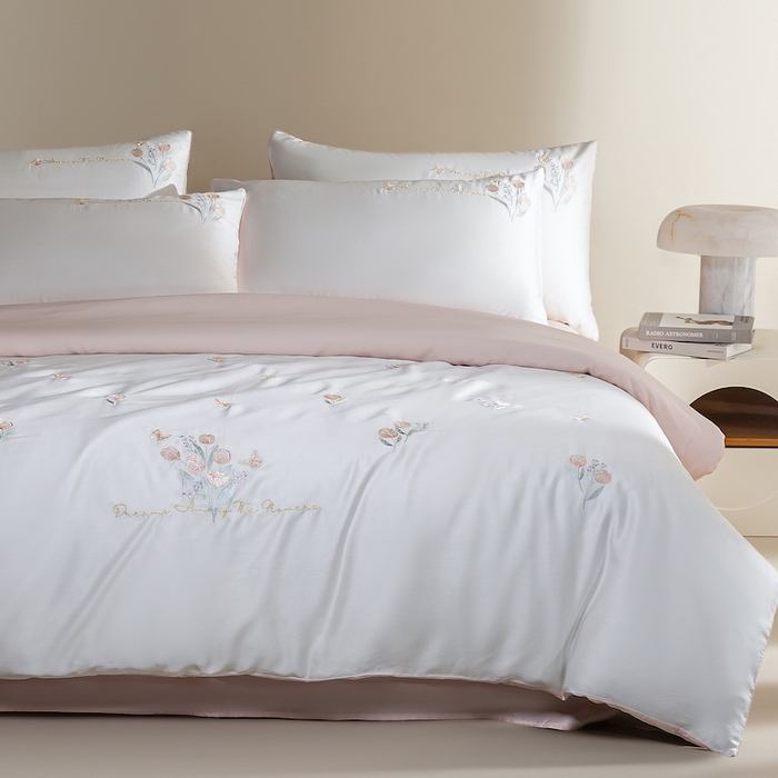 91家纺网 家纺一手货源 找家纺 千朵森 2025新款60S奥地利兰精天丝四件套-春满郁金香 郁金香粉