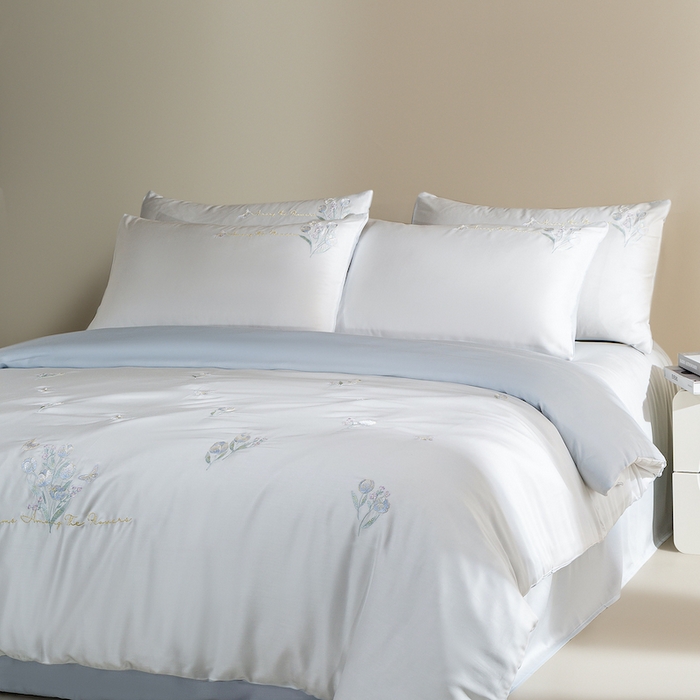 91家纺网 家纺一手货源 找家纺 千朵森 2025新款60S奥地利兰精天丝四件套-春满郁金香 郁金香蓝