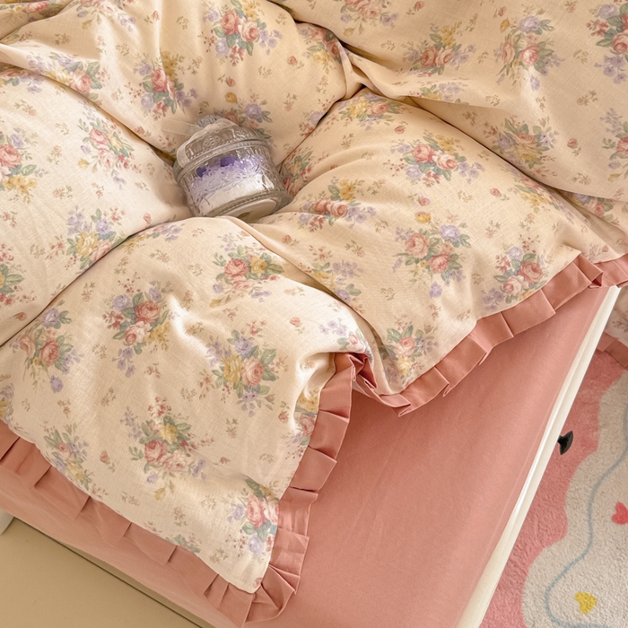 91家纺网 家纺一手货源 找家纺 （总）呗旺鹿 2025新款双层纱韩式荷叶边款四件套