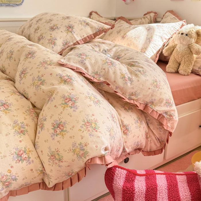 91家纺网 家纺一手货源 找家纺 呗旺鹿 2025新款双层纱韩式荷叶边款四件套 美娜