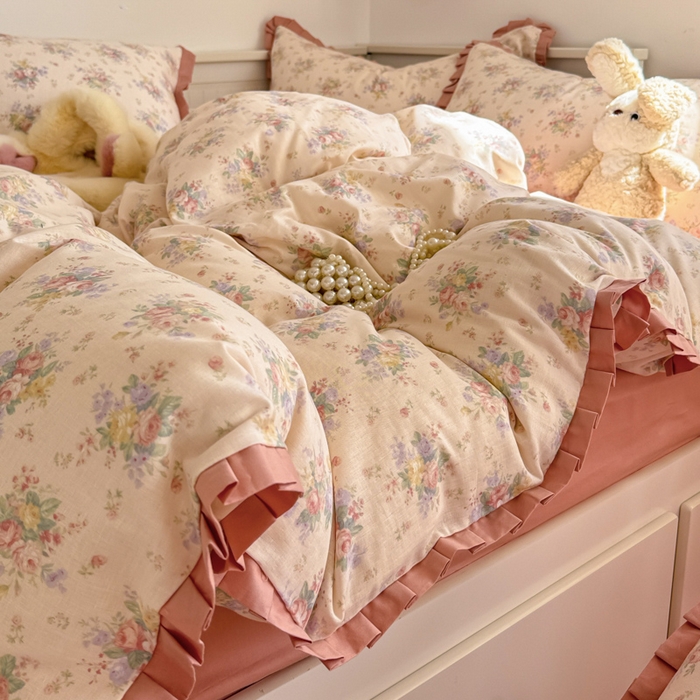 91家纺网 家纺一手货源 找家纺 （总）呗旺鹿 2025新款双层纱韩式荷叶边款四件套