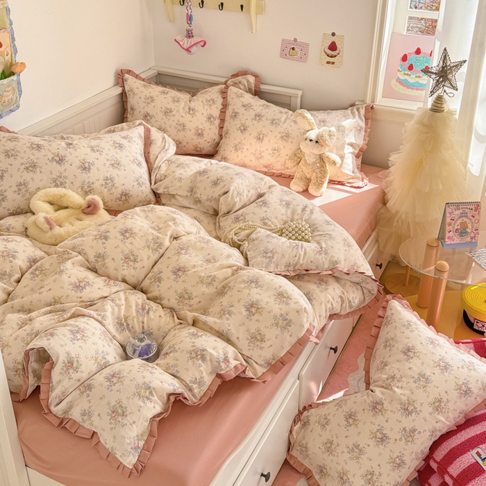 91家纺网 家纺一手货源 找家纺 （总）呗旺鹿 2025新款双层纱韩式荷叶边款四件套