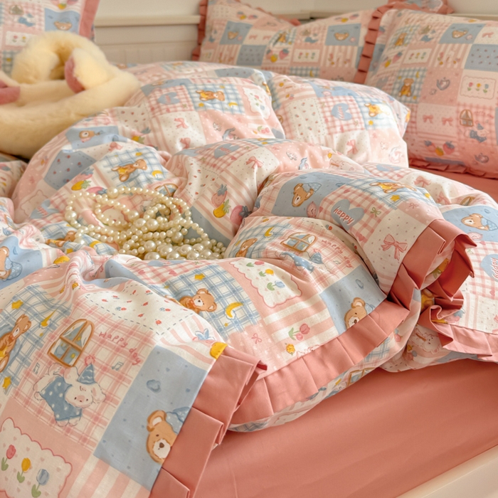 91家纺网 家纺一手货源 找家纺 呗旺鹿 2025新款双层纱韩式荷叶边款四件套 熊熊酱