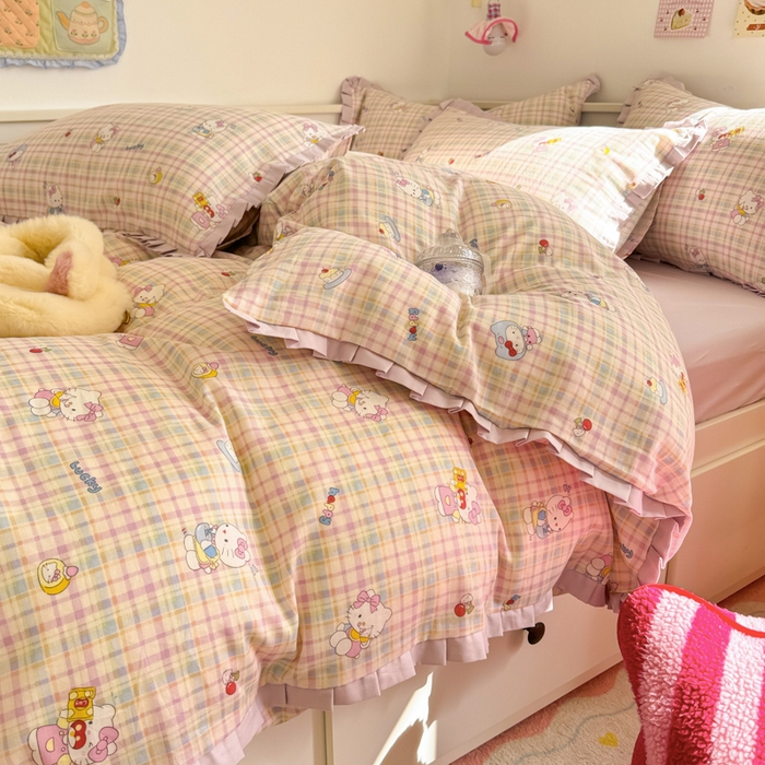 91家纺网 家纺一手货源 找家纺 呗旺鹿 2025新款双层纱韩式荷叶边款四件套 乐事KT