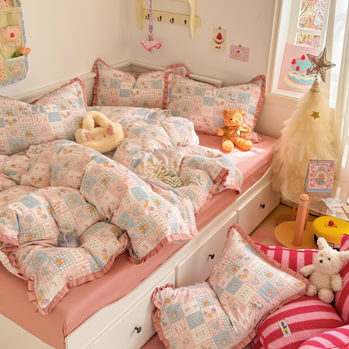 91家纺网 家纺一手货源 找家纺 呗旺鹿 2025新款双层纱韩式荷叶边款四件套 熊熊酱