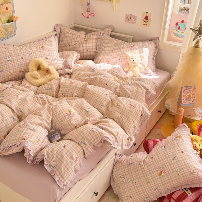 91家纺网 家纺一手货源 找家纺 呗旺鹿 2025新款双层纱韩式荷叶边款四件套 乐事KT