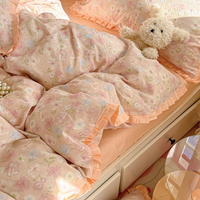 91家纺网 家纺一手货源 找家纺 呗旺鹿 2025新款双层纱韩式荷叶边款四件套 清桃