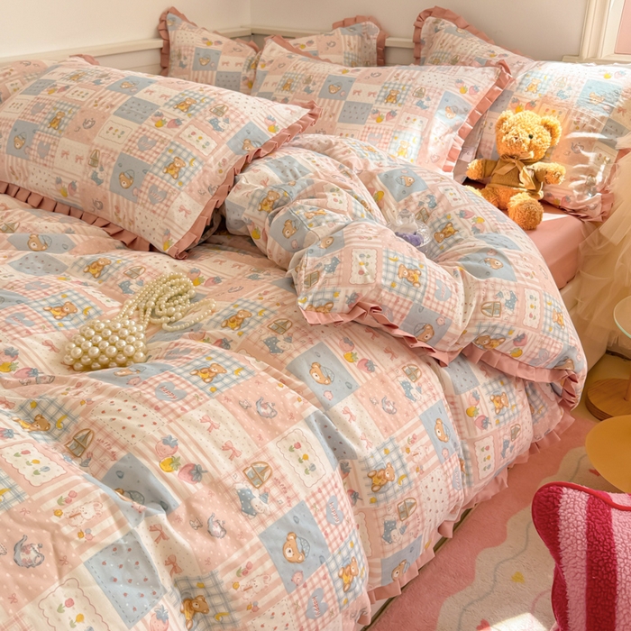 91家纺网 家纺一手货源 找家纺 呗旺鹿 2025新款双层纱韩式荷叶边款四件套 熊熊酱