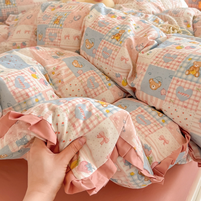 91家纺网 家纺一手货源 找家纺 呗旺鹿 2025新款双层纱韩式荷叶边款四件套 熊熊酱