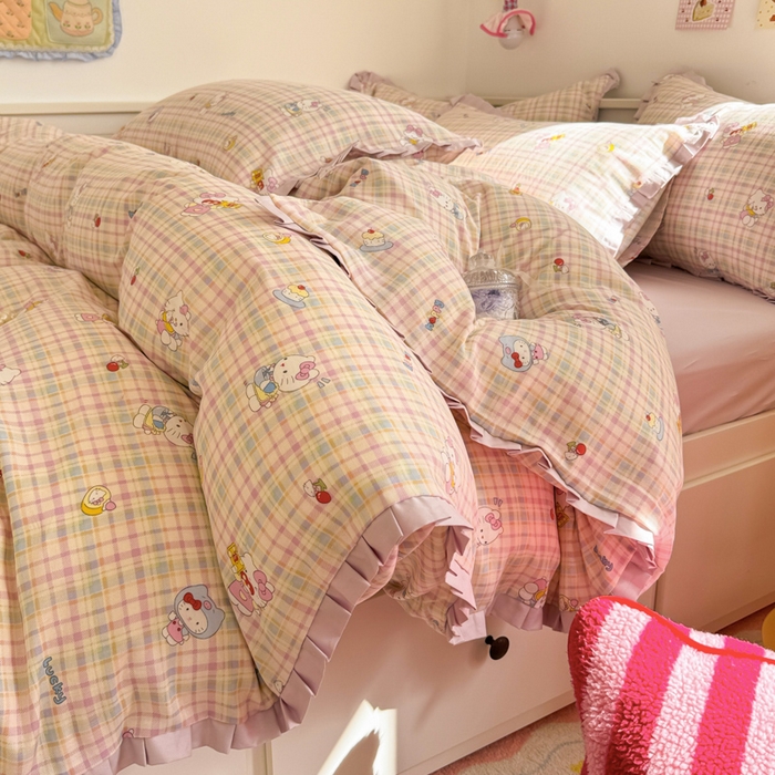 91家纺网 家纺一手货源 找家纺 呗旺鹿 2025新款双层纱韩式荷叶边款四件套 乐事KT