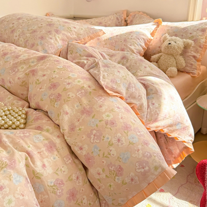 91家纺网 家纺一手货源 找家纺 呗旺鹿 2025新款双层纱韩式荷叶边款四件套 清桃