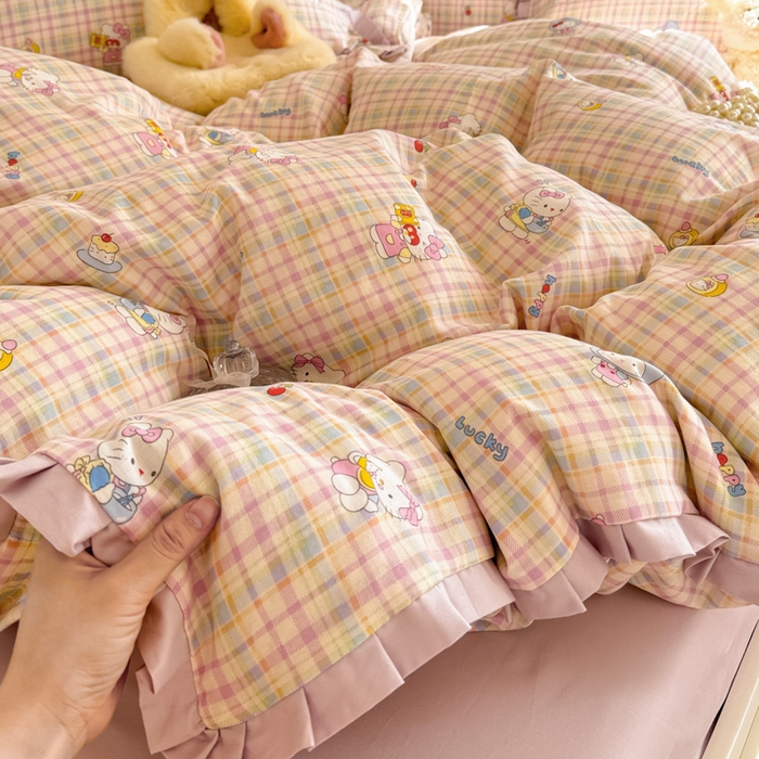 91家纺网 家纺一手货源 找家纺 呗旺鹿 2025新款双层纱韩式荷叶边款四件套 乐事KT