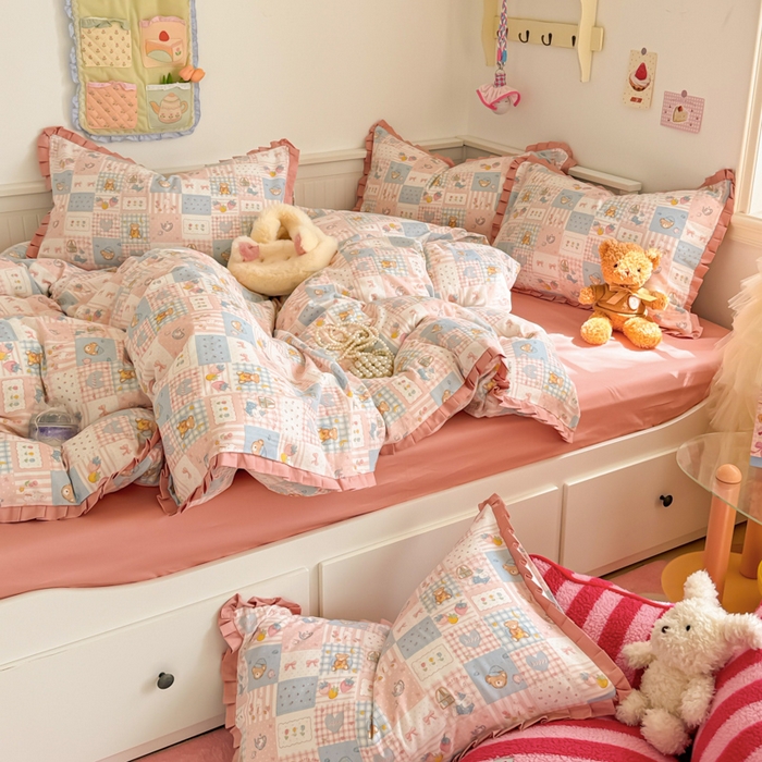 91家纺网 家纺一手货源 找家纺 呗旺鹿 2025新款双层纱韩式荷叶边款四件套 熊熊酱