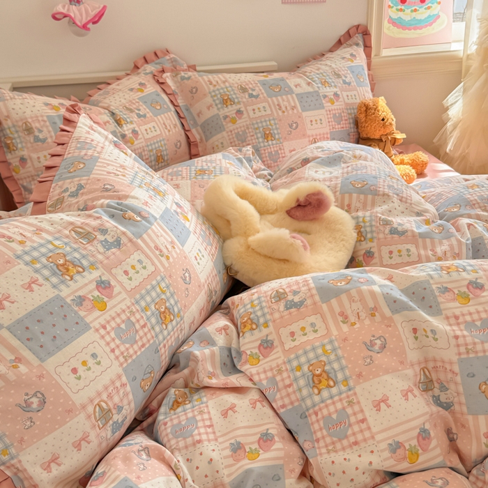 91家纺网 家纺一手货源 找家纺 呗旺鹿 2025新款双层纱韩式荷叶边款四件套 熊熊酱