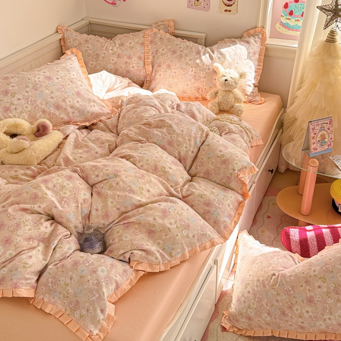 91家纺网 家纺一手货源 找家纺 呗旺鹿 2025新款双层纱韩式荷叶边款四件套 清桃