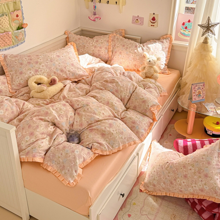 91家纺网 家纺一手货源 找家纺 呗旺鹿 2025新款双层纱韩式荷叶边款四件套 清桃