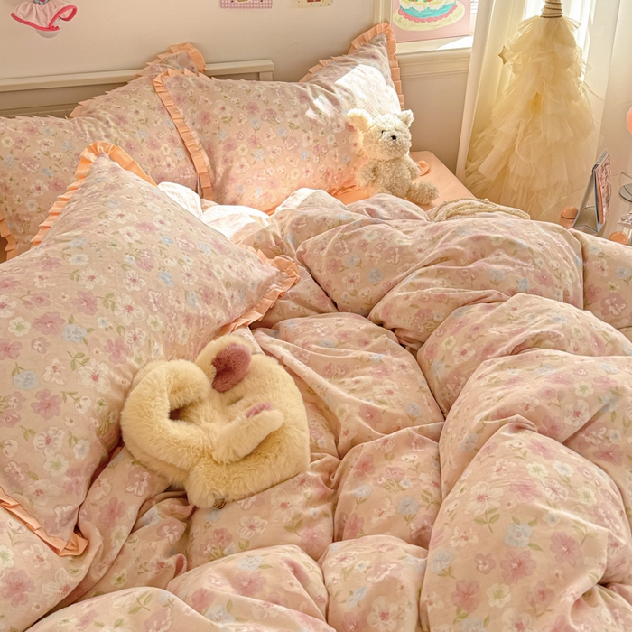 91家纺网 家纺一手货源 找家纺 呗旺鹿 2025新款双层纱韩式荷叶边款四件套 清桃