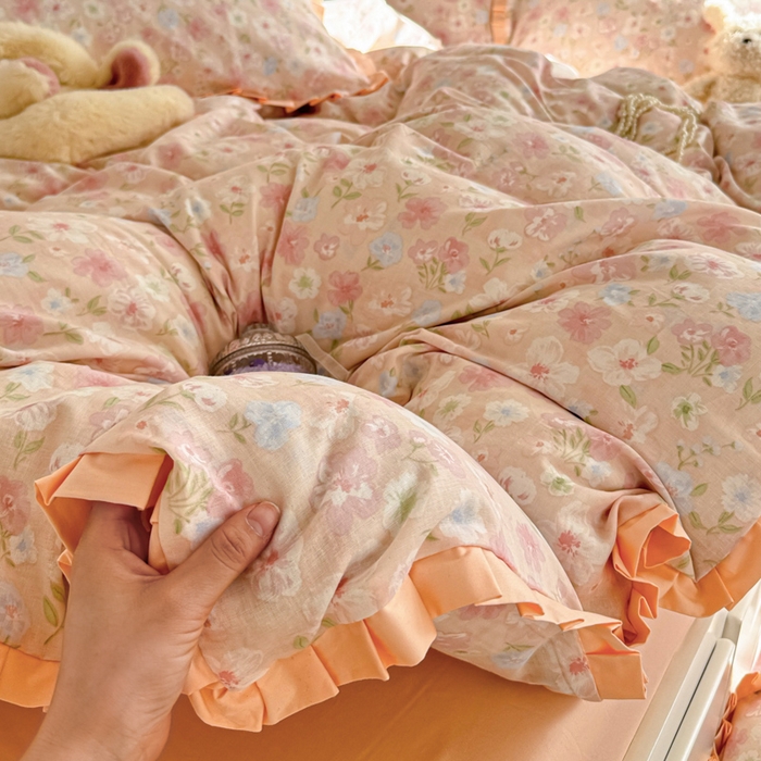 91家纺网 家纺一手货源 找家纺 呗旺鹿 2025新款双层纱韩式荷叶边款四件套 清桃