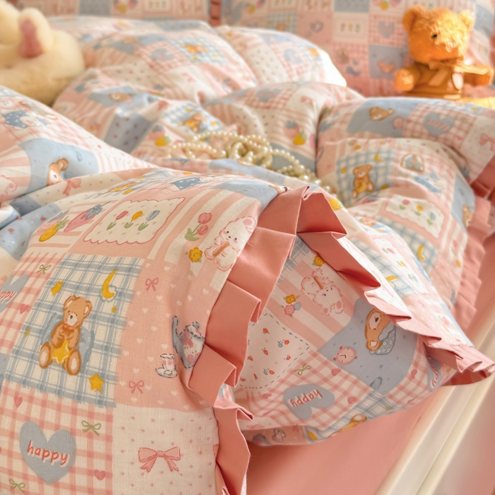 91家纺网 家纺一手货源 找家纺 呗旺鹿 2025新款双层纱韩式荷叶边款四件套 熊熊酱