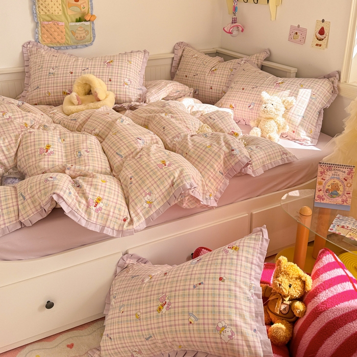 91家纺网 家纺一手货源 找家纺 呗旺鹿 2025新款双层纱韩式荷叶边款四件套 乐事KT