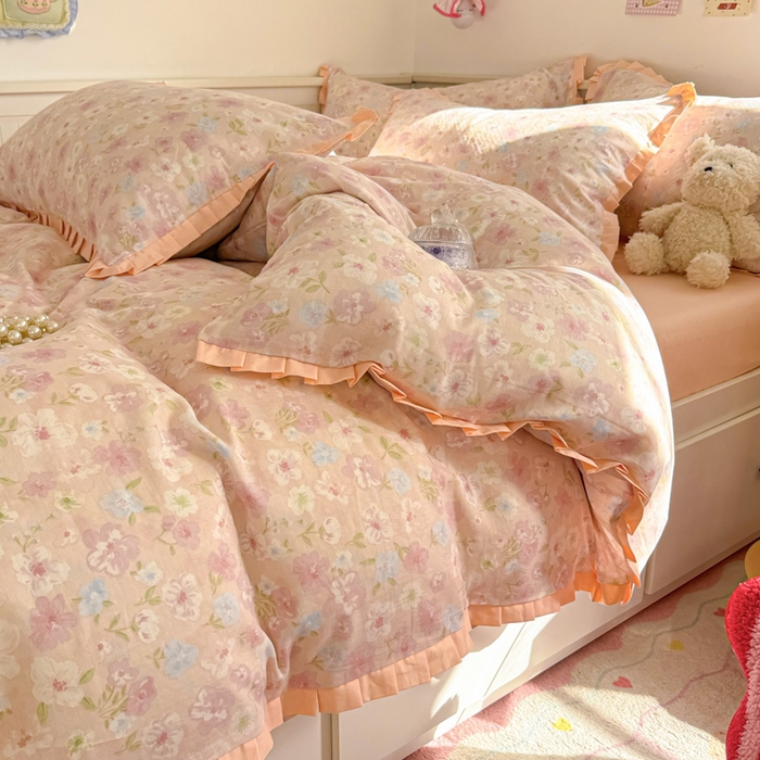 91家纺网 家纺一手货源 找家纺 呗旺鹿 2025新款双层纱韩式荷叶边款四件套 清桃