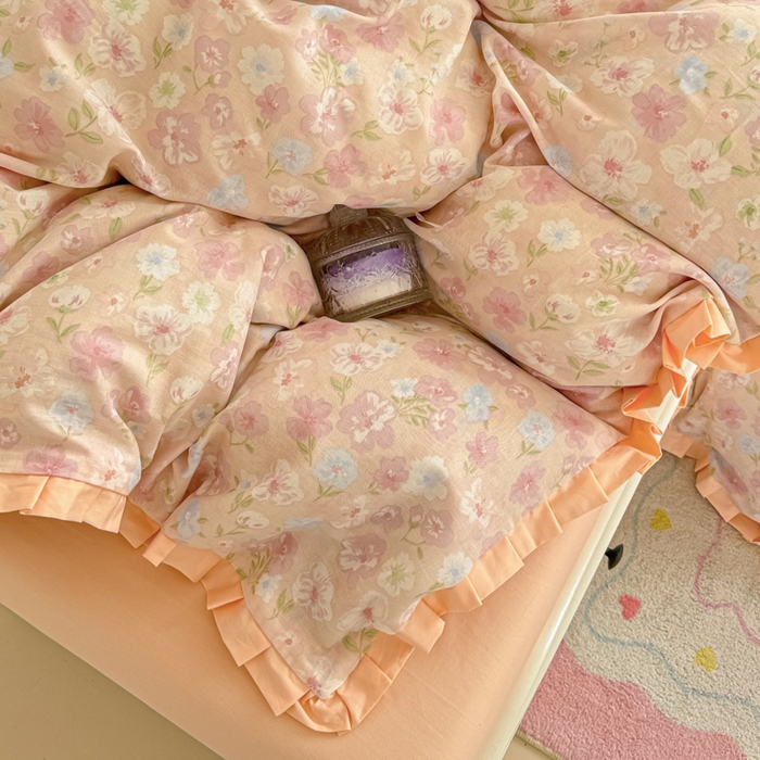 91家纺网 家纺一手货源 找家纺 呗旺鹿 2025新款双层纱韩式荷叶边款四件套 清桃